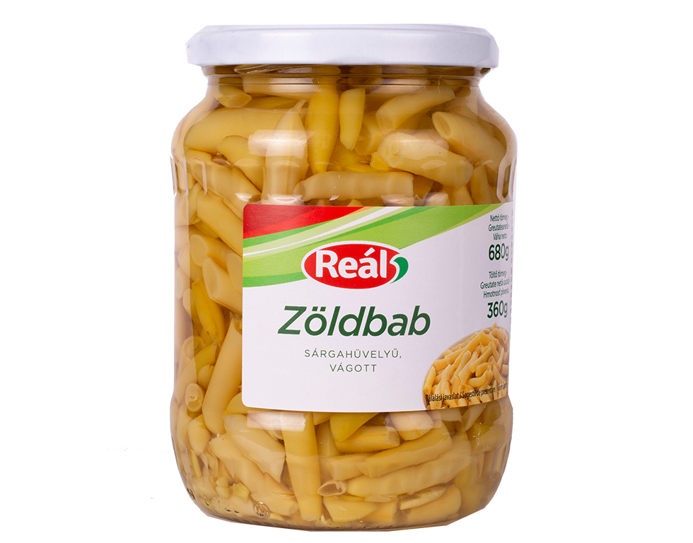 Reál sárgahüvelyű vágott zöldbab üvegben, 680 g
